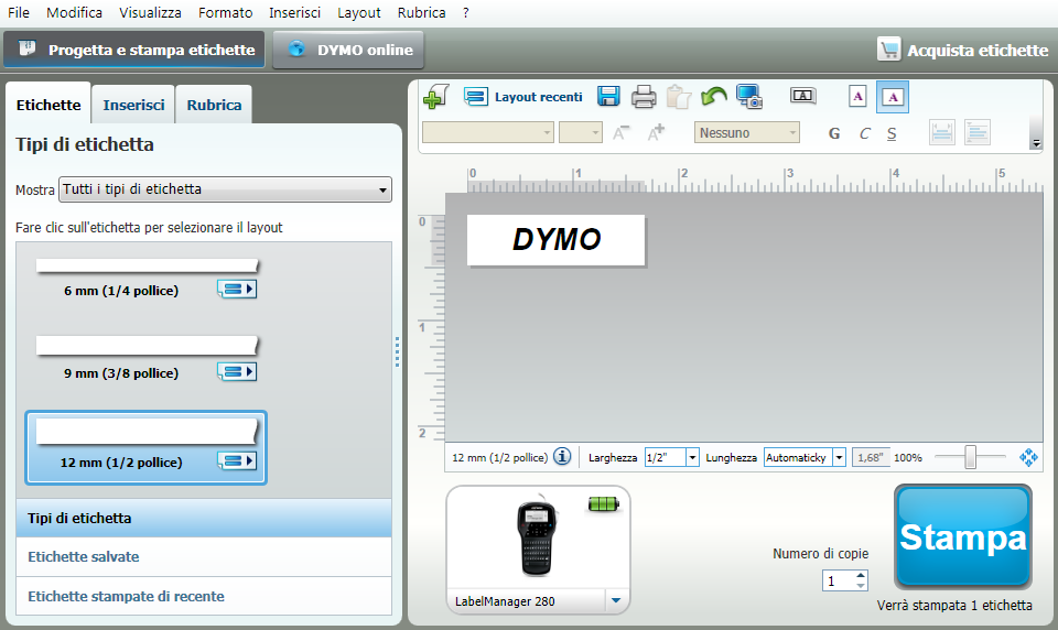 Uso del software DYMO Label La figura che segue mostra alcune delle principali funzioni disponibili nel software DYMO Label. Applica un layout a un'etichetta.