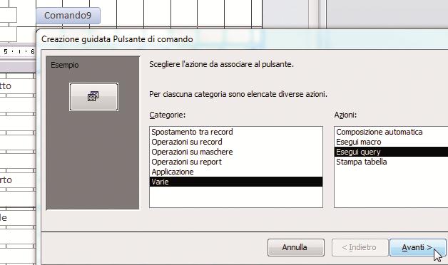 10. All'interno della maschera facciamo click sul controllo Pulsante presente nel gruppo Controlli della scheda Progettazione. 11.