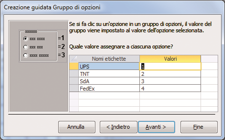 5. In questa finestra ci viene richiesto quale voce rappresenta il nome predefinito, in questo caso lasciamo il primo nome dell'elenco inserito in precedenza("ups"), anche qui facciamo click su