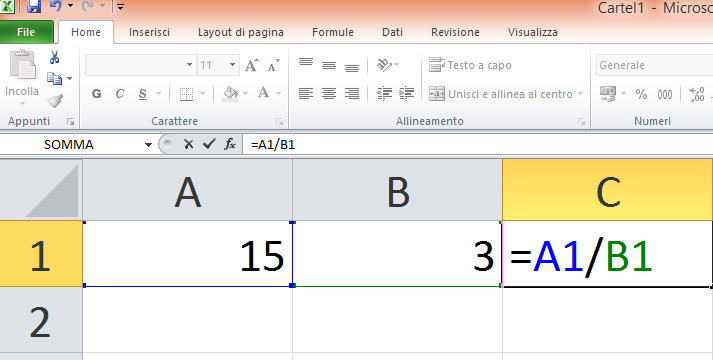 Divisione Per eseguire una divisione si utilizza la seguente formula, usando il simbolo / per il diviso: =A1/B1 Le formule che vengono inserite possono essere trascinate in altre celle per copiarle