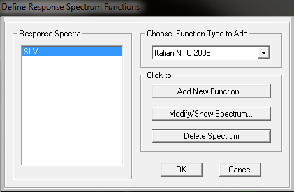 2) definizione di uno spettro di risposta tramite il menu Define -> Functions -> Response Spectrum selezionando nel menu Choose Function Type to Add la normativa desiderata oppure importandolo da un