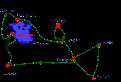 Programma dettagliato 8 giorni / 7 notti Giorno 1 Arrivo individuale ad Assisi Giorno 2 Spello, Foligno, Spoleto, Montefalco, Bevagna (85 km) Giorno 3 Torgiano e Perugia (62 km) Giorno 4 Da Perugia