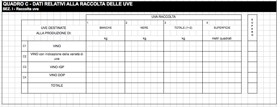 Devono essere indicate le quantità, in chilogrammi, dell'uva raccolta e le relative superfici di origine (in ettari, are e centiare) per ciascuna categoria di vigneti delle uve raccolte dal socio e