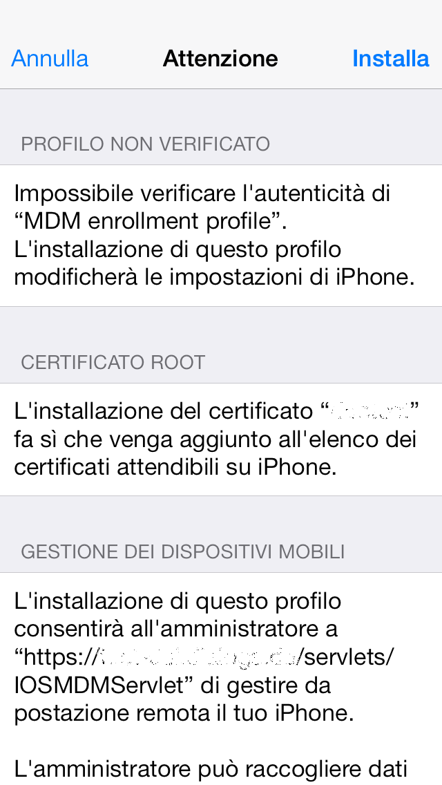Sophos Mobile Control 10. Toccare il link. Viene visualizzata la pagina di installazione del profilo di Mobile Device Management. 11.