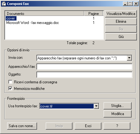 Per modificare e visualizzare in anteprima un frontespizio Se si sceglie di inviare il fax a una destinazione specifica, ad esempio un apparecchio fax, la casella di testo relativa al frontespizio