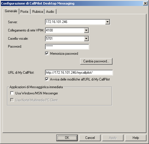 Uso di Desktop Messaging per Lotus Notes Modifica delle impostazioni della casella vocale L'amministratore definisce le informazioni relative all'accesso predefinito.