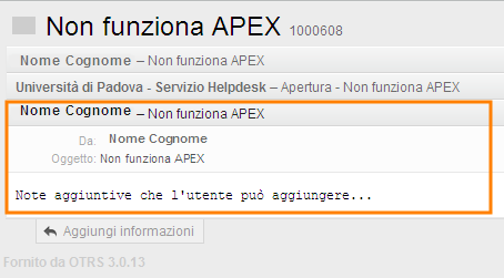 In questo modo l utente vede tutta la storia dei suoi ticket (aperti, e chiusi) e le varie notifiche che sono state inviate dal servizio di