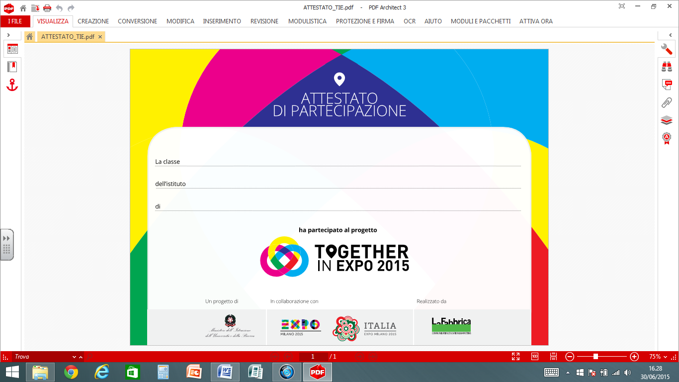 Al termine dell'anno scolastico la nostra scuola ha ricevuto da parte di TOGETHER IN EXPO 2015 un ringraziamento per aver partecipato