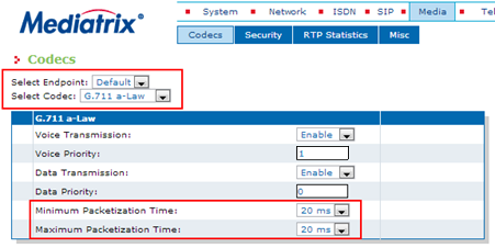 Impostazioni Media [Menu Media] 1. Configurazione Codec [Menu Media - Codecs] Abilitare Voce (Voice) e Dati (Data) per il codec G.711 a-law e G.729.