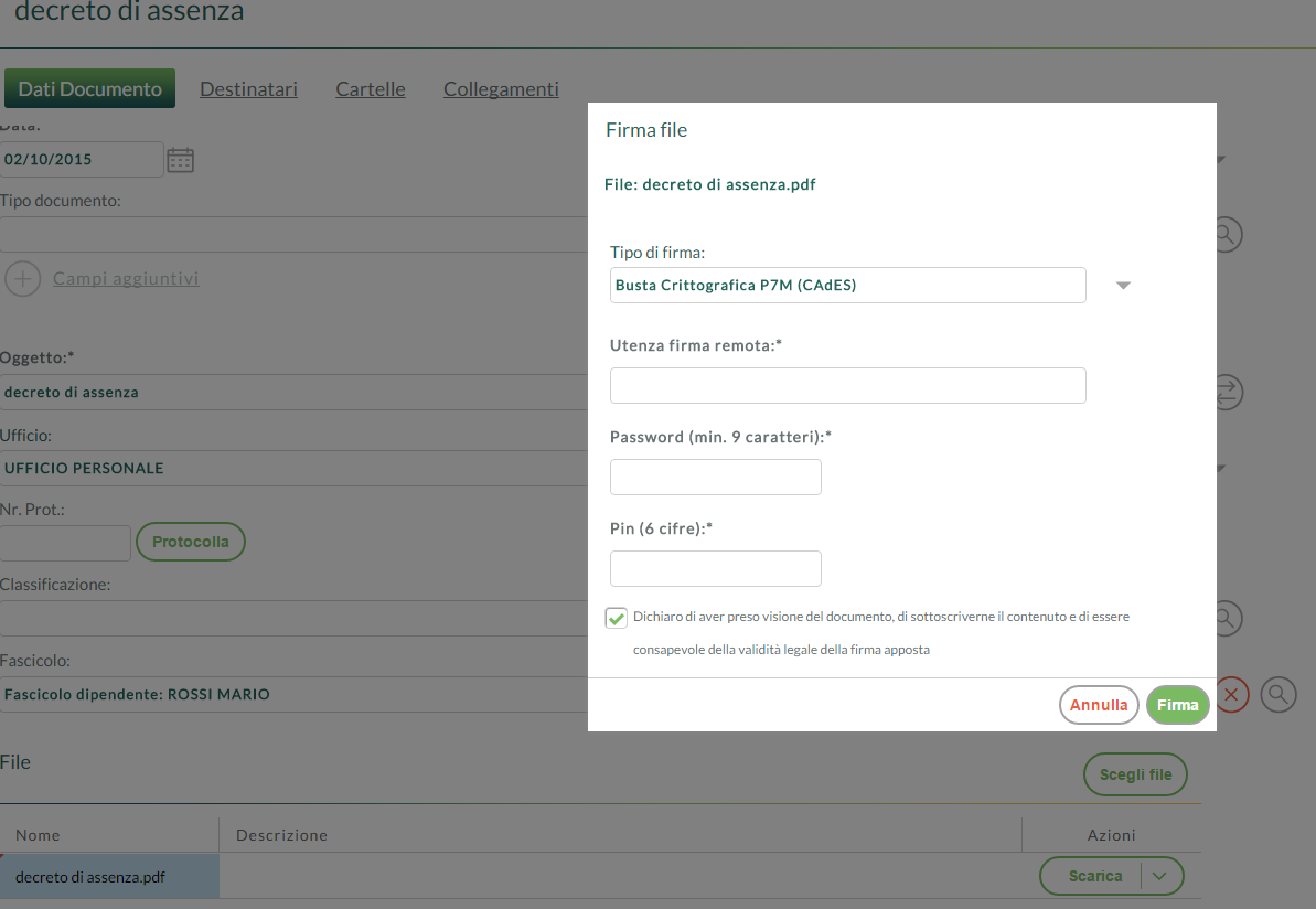 Il sistema aprirà la seguente finestra per l'inserimento dei parametri di firma: Fig.