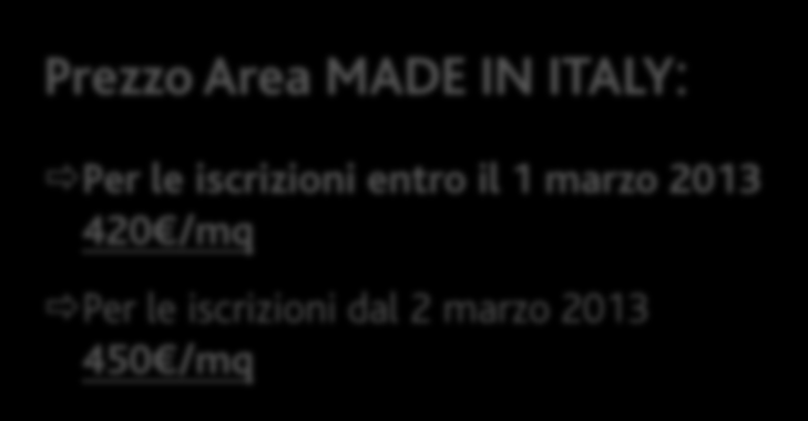 L Area MADE IN ITALY I costi La partecipazione nell Area MADE IN ITALY prevede tutta una serie di servizi che costituiranno la chiave per il successo della vostra