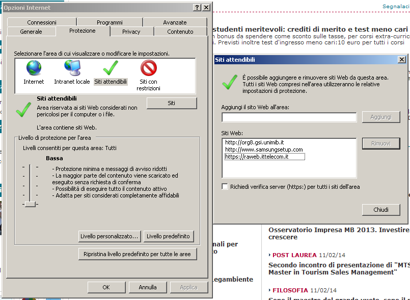 2. Cliccare su Siti. - Nella finestra che si apre, controllare che fra i Siti Web sia compreso l indirizzo: https://webproto.si.unimib.it. - Se non ci fosse, digitare l indirizzo precedente (https://webproto.