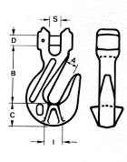 GANCI ACCORCIATORI PER TIRANTI DI CATENE DI ACCIAIO LEGATO GRADO 80 - A FORCELLA CATENA CARICO massimo di UTILIZZO DIMENSIONI A B C D I S mm pollici kg mm mm mm mm mm mm 7-8 9/32-5/16 2.