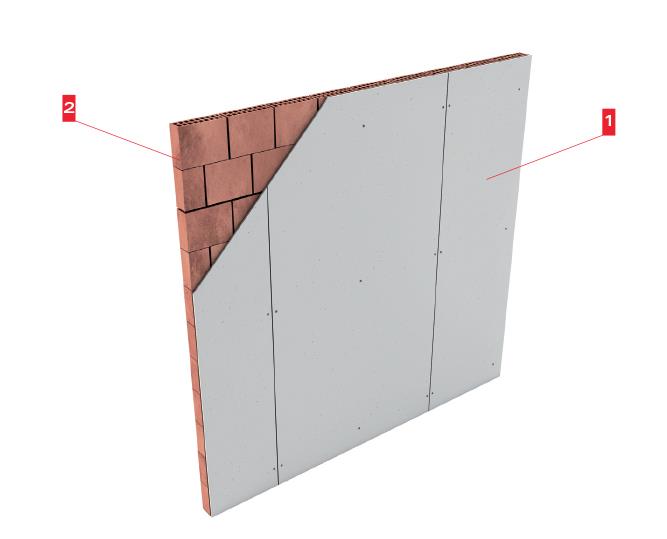 Tassellare direttamente le lastre TECBOR A spessore 10 mm alla parete in laterizio sul lato non intonacato come da schema.
