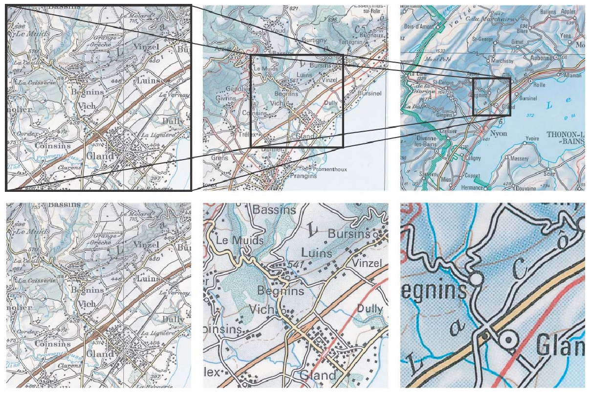 2. Cartografia e generalizzazione cartografica Fig. 2.1: esempio di generalizzazione di una carta dalla scala 1:100 000 alla scala 1:200 000 e 1:500 000.