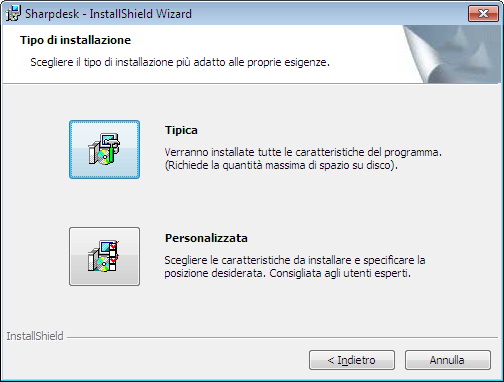 Inserire tipo d impostazione Fare clic su Tipica per installare i programmi Sharpdesk, Composer e Network Scanner Tool nella cartella predefinita C:\Program Files\Sharp\Sharpdesk e i file dati di