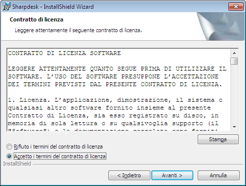 Visualizza accordo sulla licenza Fare clic sul pulsante circolare Accetto i termini del contratto di licenza e sul pulsante Avanti per