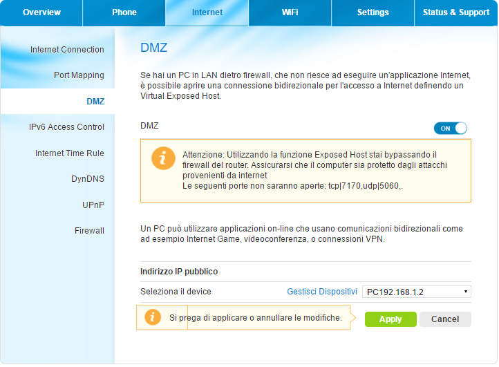 Guida del gateway VDSL Internet - DMZ Questa schermata consente l'accesso alla funzione DMZ.
