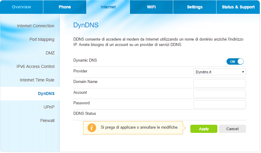 Internet - DynDNS Utilizzare il link DynDNS nel menu Internet per visualizzare questa schermata.