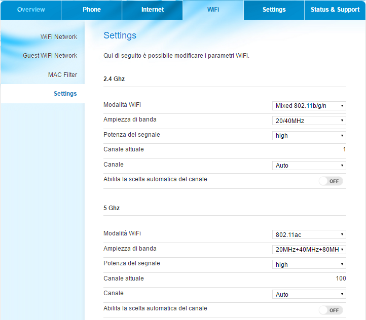 WiFi Settings (Impostazioni) Utilizzare il link Settings (Impostazioni) nel menu WiFi per arrivare alla schermata. Di seguito viene mostrata una schermata di esempio.