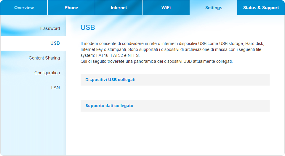 Guida del gateway VDSL Settings (Impostazioni) - USB Utilizzare il link USB nel menu Settings (Impostazioni) per arrivare alla schermata.