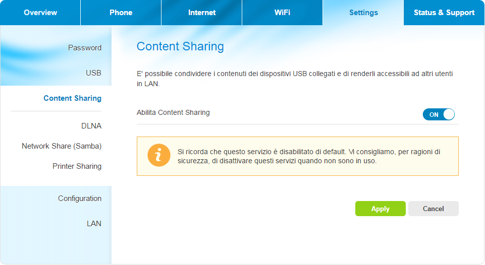 Settings (Impostazioni) - Content Sharing (Condivisione contenuto) Utilizzare il link Content Sharing (Condivisione contenuto) nel menu Settings (Impostazioni) per arrivare alla schermata.