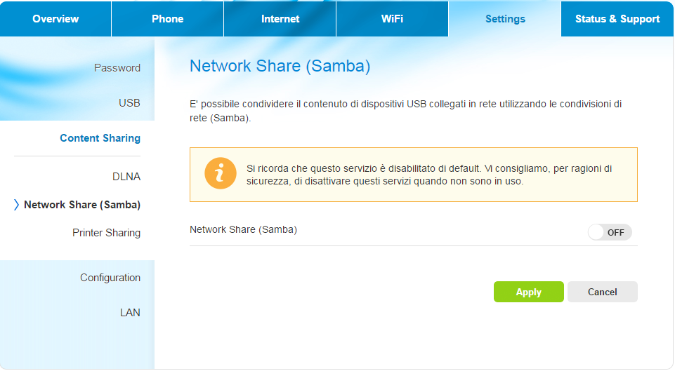 Network Share (Condivisione di rete) Network File Server viene utilizzato per accedere a cartelle condivise in rete, le informazioni relative all autorizzazione e l account, quando si abilita Samba,