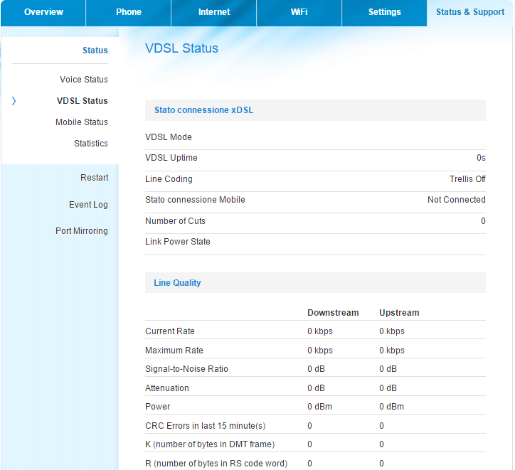 VDSL Status (Stato VDSL) Questa schermata contiene la qualità della linea attuale e lo stato di collegamento del VDSL.