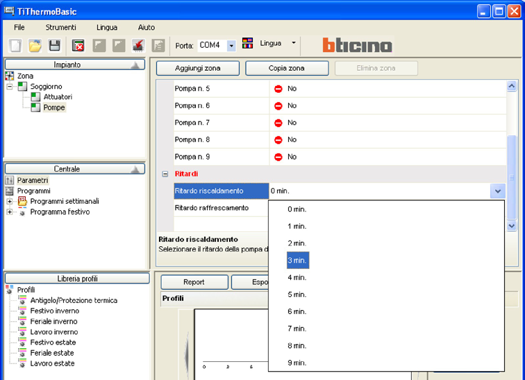 19 Cliccare su Ritardo riscaldamento per assegnare il ritardo di attivazione della pompa.