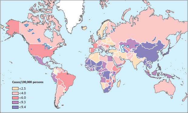 Fig.9. Incidenza dell HCC nei vari Stati del mondo. Le variazioni regionali nei tassi di mortalità di HCC riportati per 100.000 persone (El-Serag, 2011).