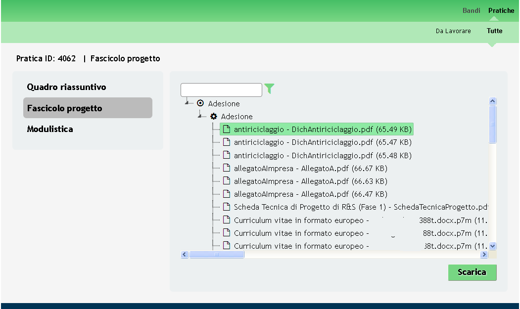 Figura 43 Fascicolo progetto Cliccando sul documento di interesse si attiva il bottone da cliccare per