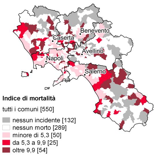 FIGURA 1. UTENTI VULNERABILI PER ETÀ E RUOLO E UTENTI NEL COMPLESSO MORTI PER INCIDENTE STRADALE IN CAMPANIA E IN ITALIA.