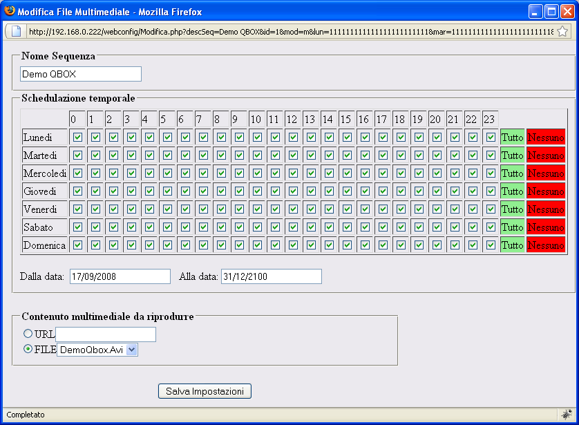 Pannello di controllo Web Contenuti e palinsesto 12 Caricamento di file immagine e video Preparazione di un palinsesto dei