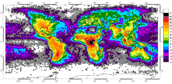 Il campo elettrico dell atmosfera (VII) La risposta alla domanda precedente si lega a un immagine: la distribuzione della caduta dei fulmini nelle varie regioni del globo realizzata a partire da