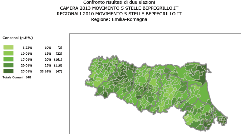 2. Dimensione territoriale del voto ai partiti Figura 2.12 Variazioni in punti % dei voti validi del M5S dalle elezioni regionali 2010 alle elezioni politiche 2013- Camera per comune 52 Tabella 2.