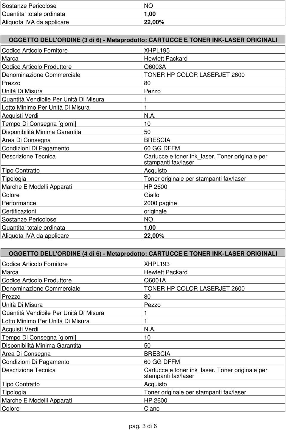 Toner originale per Marche E Modelli Apparati HP 2600 Giallo Performance 2000 pagine originale Sostanze Pericolose OGGETTO DELL'ORDINE (4 di 6) - Metaprodotto: CARTUCCE E TONER