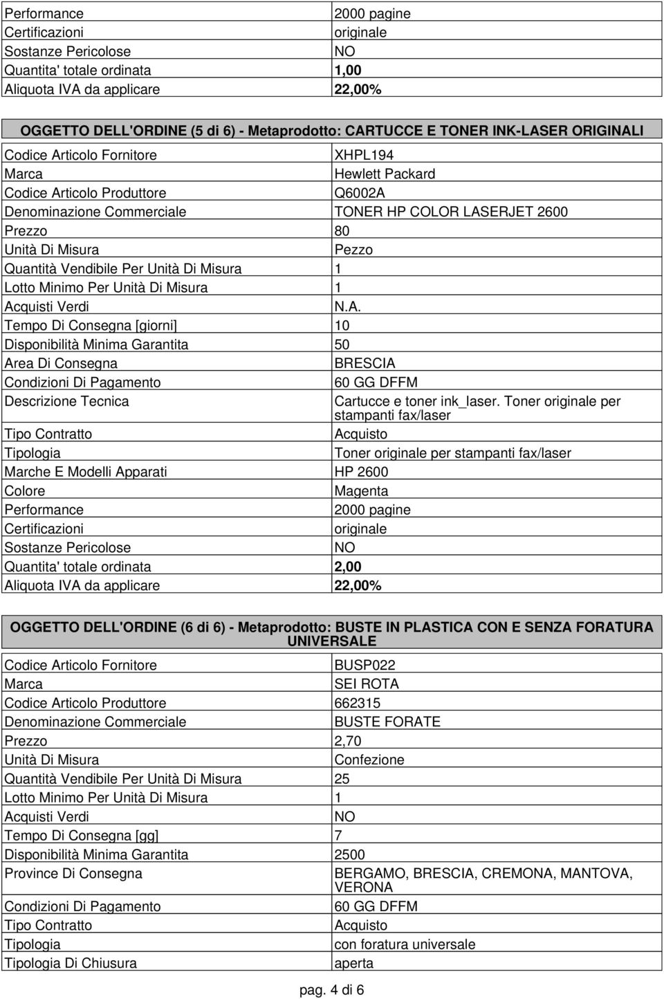 Toner originale per Marche E Modelli Apparati HP 2600 Magenta Performance 2000 pagine originale Sostanze Pericolose Quantita' totale ordinata 2,00 OGGETTO DELL'ORDINE (6 di 6) - Metaprodotto: BUSTE