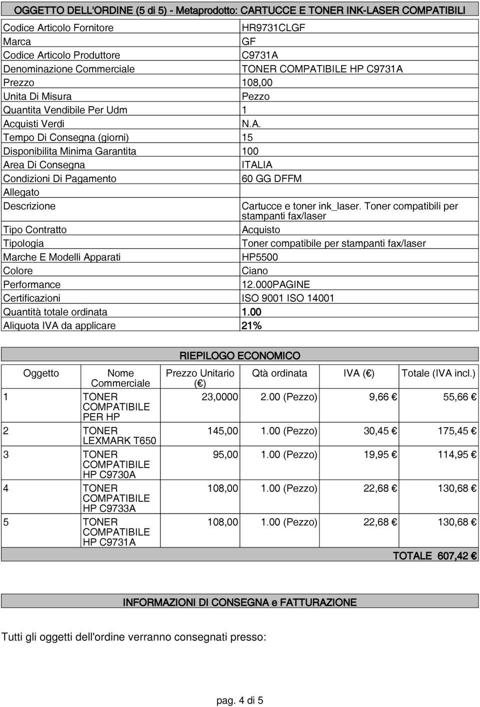 Unitario Qtà ordinata IVA ( ) Totale (IVA incl.) ( ) 23,0000 2.00 () 9,66 55,66 145,00 1.00 () 30,45 175,45 95,00 1.00 () 19,95 114,95 108,00 1.