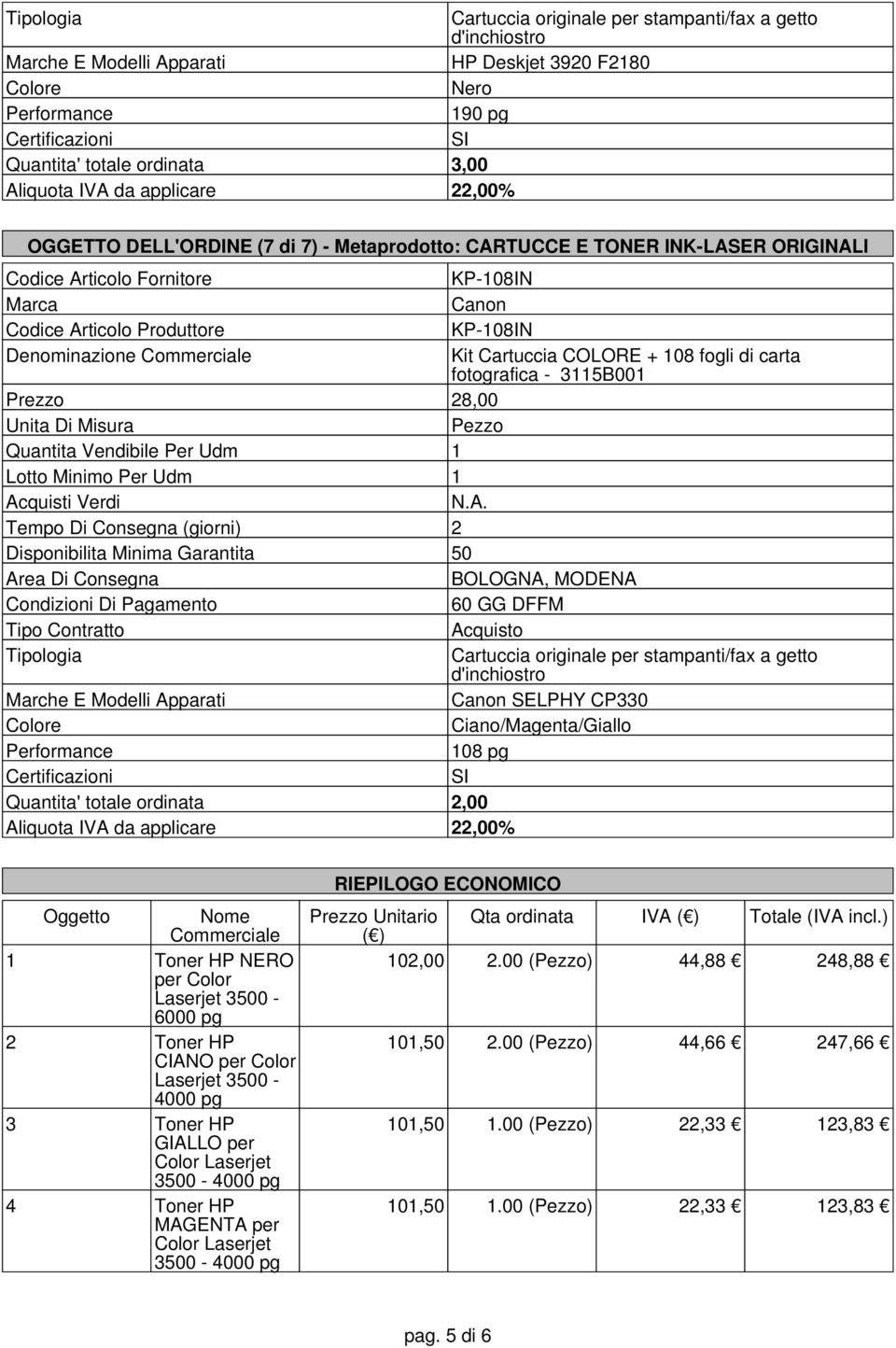 Marche E Modelli Apparati Canon SELPHY CP330 Ciano/Magenta/Giallo 108 pg Quantita' totale ordinata 2,00 Oggetto Nome Commerciale 1 Toner HP NERO per Color Laserjet 3500-6000 pg 2 Toner HP CIANO per