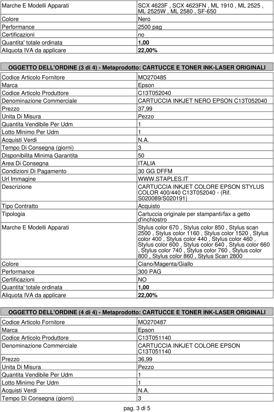 S020089/S020191) Cartuccia originale per stampanti/fax a getto d'inchiostro Marche E Modelli Apparati Stylus color 670, Stylus color 850, Stylus scan 2500, Stylus color 1160, Stylus color 1520,