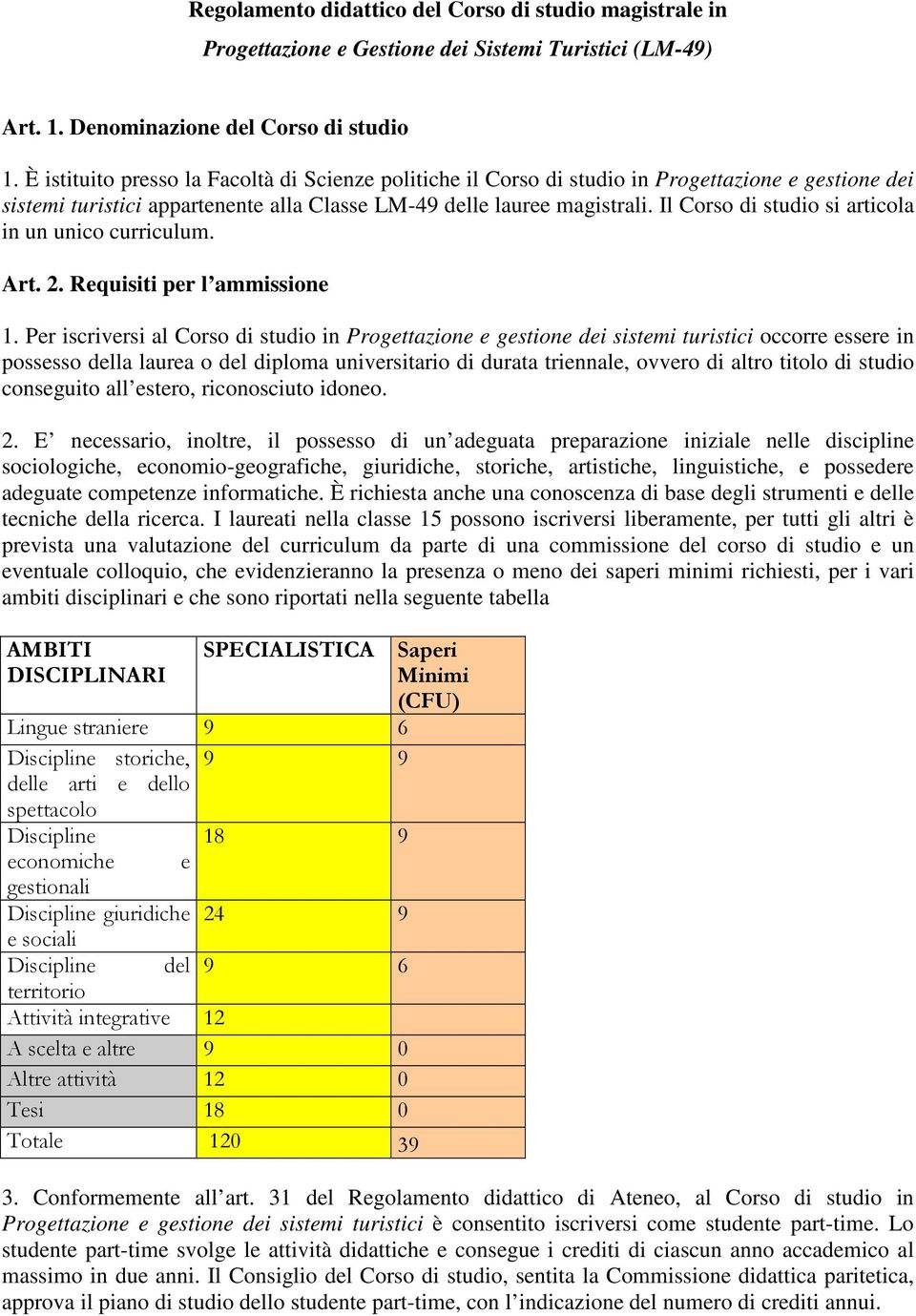 Il Corso di studio si articola in un unico curriculum. Art. 2. Requisiti per l ammissione 1.