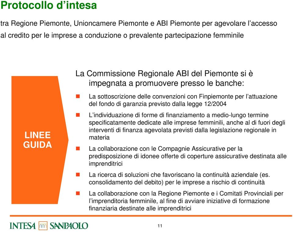 12/2004 L individuazione di forme di finanziamento a medio-lungo termine specificatamente dedicate alle imprese femminili, anche al di fuori degli interventi di finanza agevolata previsti dalla