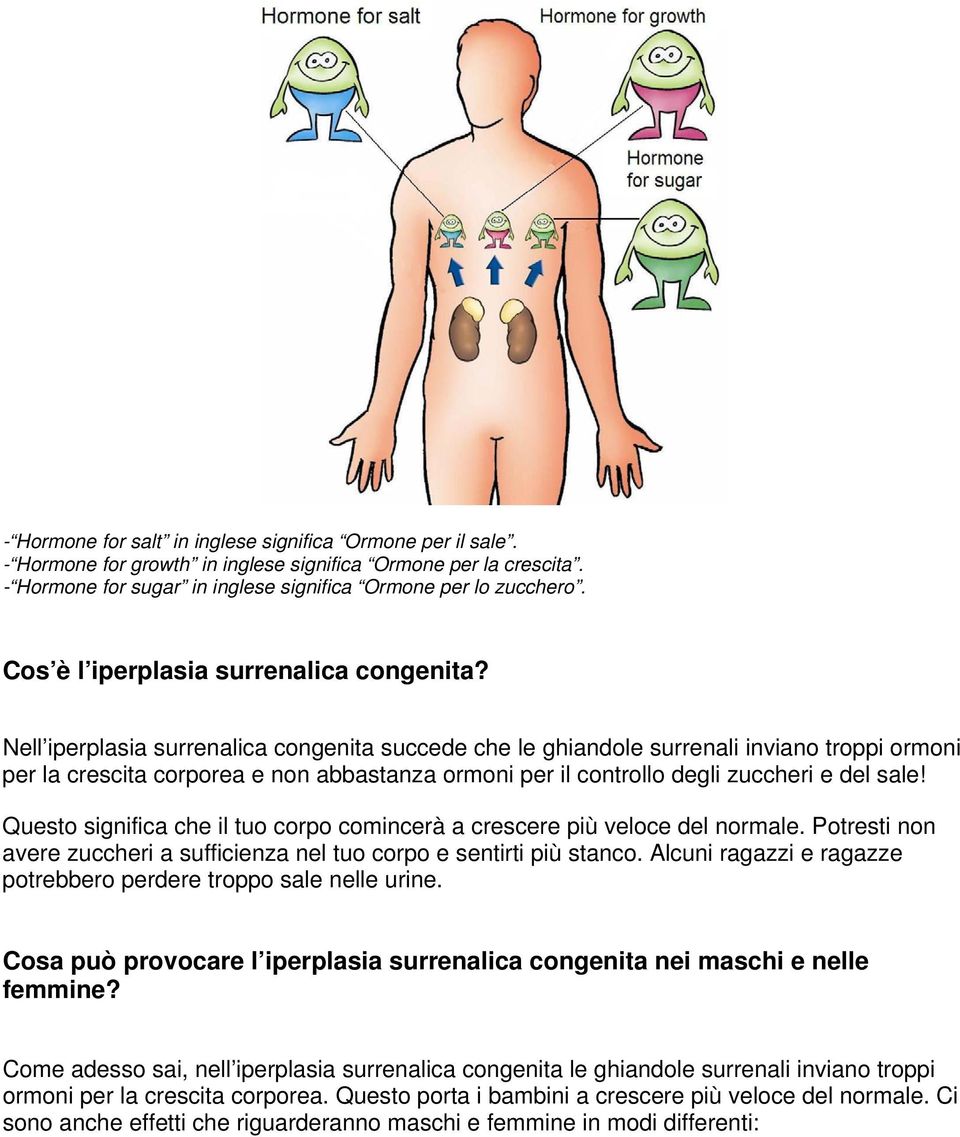 Nell iperplasia surrenalica congenita succede che le ghiandole surrenali inviano troppi ormoni per la crescita corporea e non abbastanza ormoni per il controllo degli zuccheri e del sale!