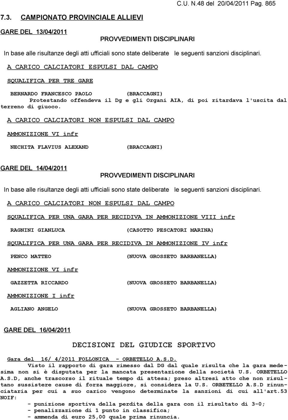 A CARICO CALCIATORI ESPULSI DAL CAMPO SQUALIFICA PER TRE GARE BERNARDO FRANCESCO PAOLO (BRACCAGNI) Protestando offendeva il Dg e gli Organi AIA, di poi ritardava l'uscita dal terreno di giuoco.