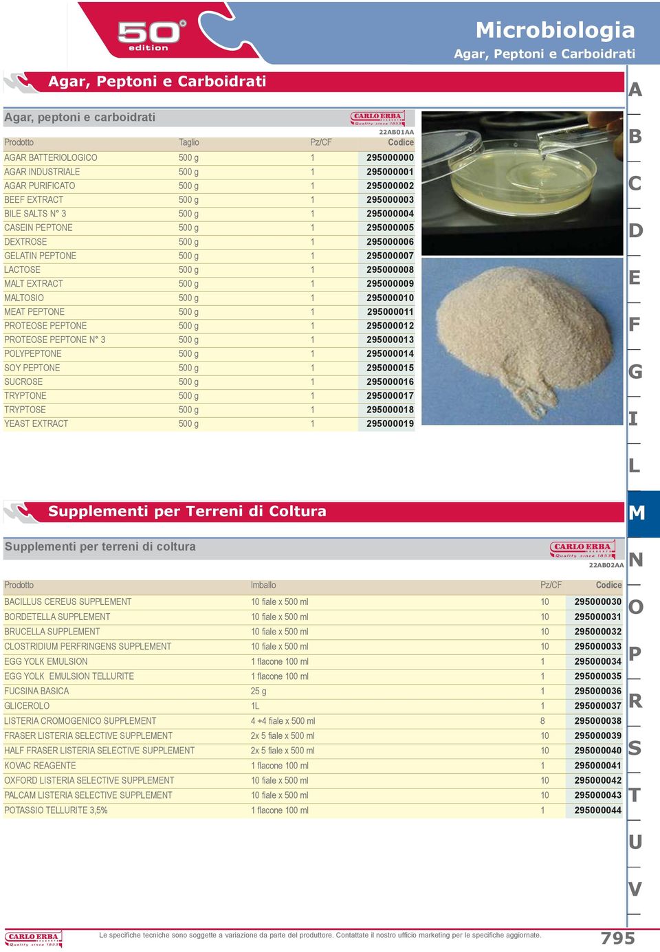 g 1 295000008 MALT EXTRACT 500 g 1 295000009 MALTOSIO 500 g 1 295000010 MEAT PEPTONE 500 g 1 295000011 PROTEOSE PEPTONE 500 g 1 295000012 PROTEOSE PEPTONE N 3 500 g 1 295000013 POLYPEPTONE 500 g 1