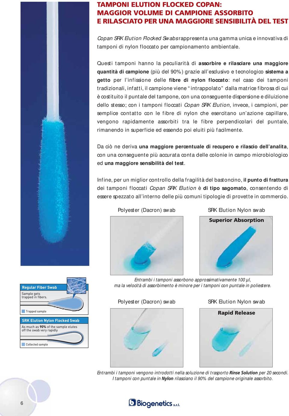 floccato: nel caso dei tamponi tradizionali, infatti, il campione viene intrappolato dalla matrice fibrosa di cui è costituito il puntale del tampone, con una conseguente dispersione e diluizione