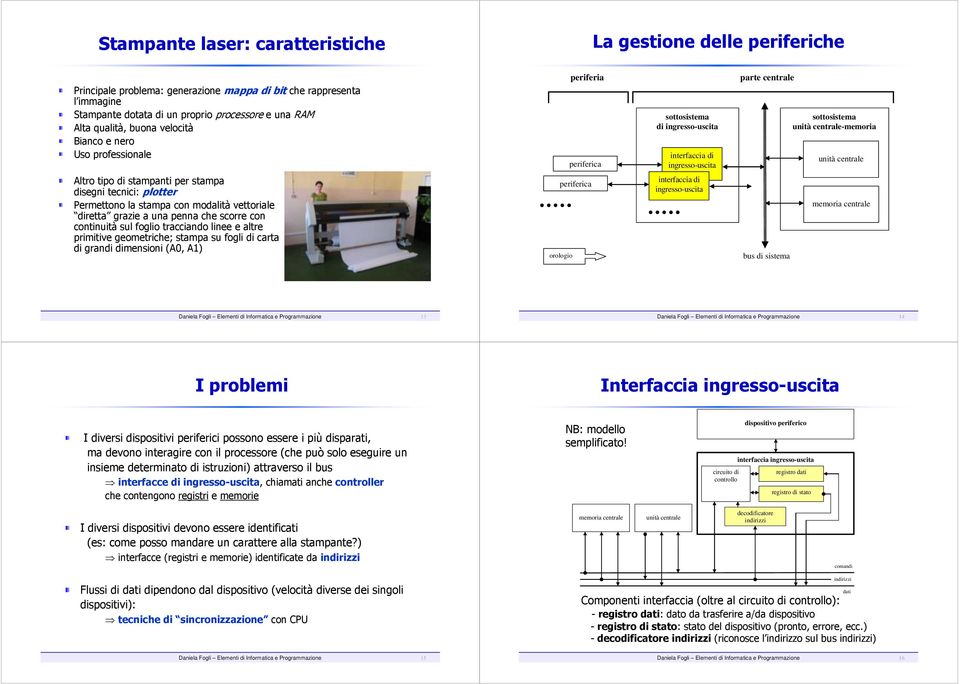 centrale Altro tipo di stampanti per stampa disegni tecnici: plotter Permettono la stampa con modalità vettoriale diretta grazie a una penna che scorre con continuità sul foglio tracciando linee e