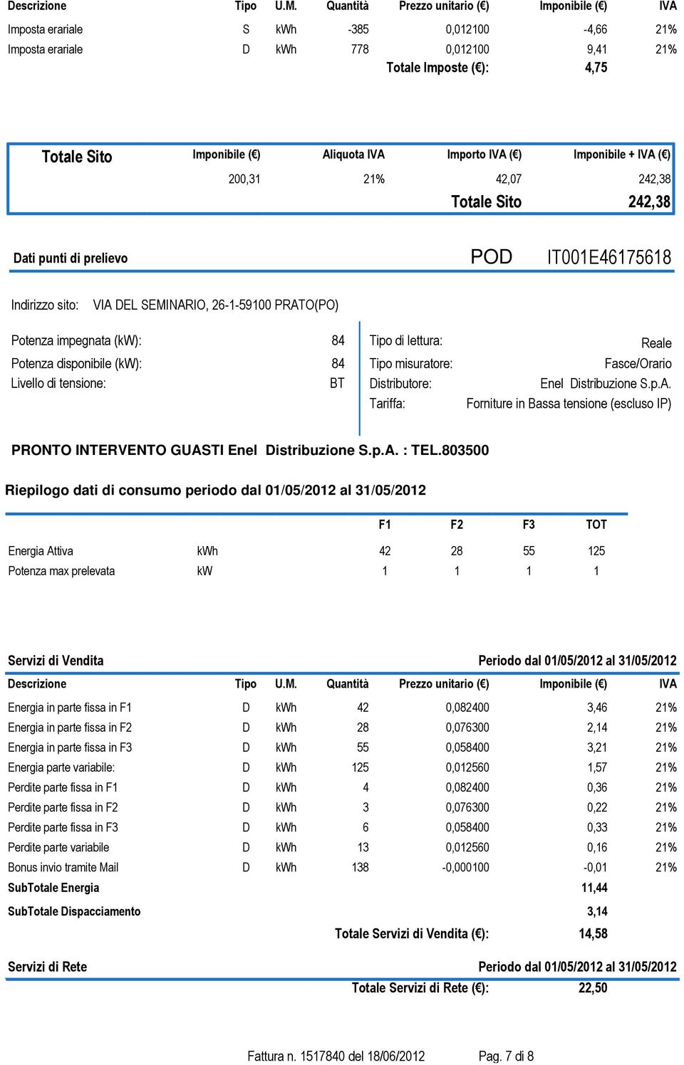 disponibile (kw): 84 Tipo misuratore: Fasce/Orario Livello di tensione: BT Distributore: Enel Distribuzione S.p.A.