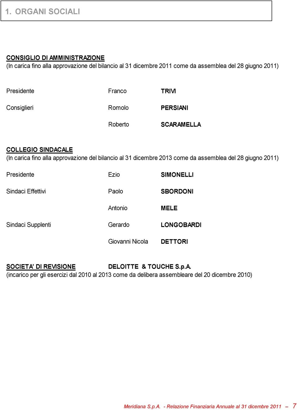 2011) Presidente Ezio SIMONELLI Sindaci Effettivi Paolo SBORDONI Antonio MELE Sindaci Supplenti Gerardo LONGOBARDI Giovanni Nicola DETTORI SOCIETA' DI REVISIONE DELOITTE &