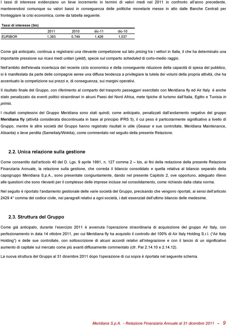 Tassi di interesse (3m) 2011 2010 dic-11 dic-10 EURIBOR 1,393 0,749 1,426 1,037 Come già anticipato, continua a registrarsi una rilevante competizione sul lato pricing tra i vettori in Italia, il che